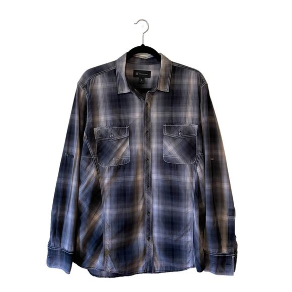 INC Other - INC L plaid western long sleeve button down t-shirt gray white cotton cowboy